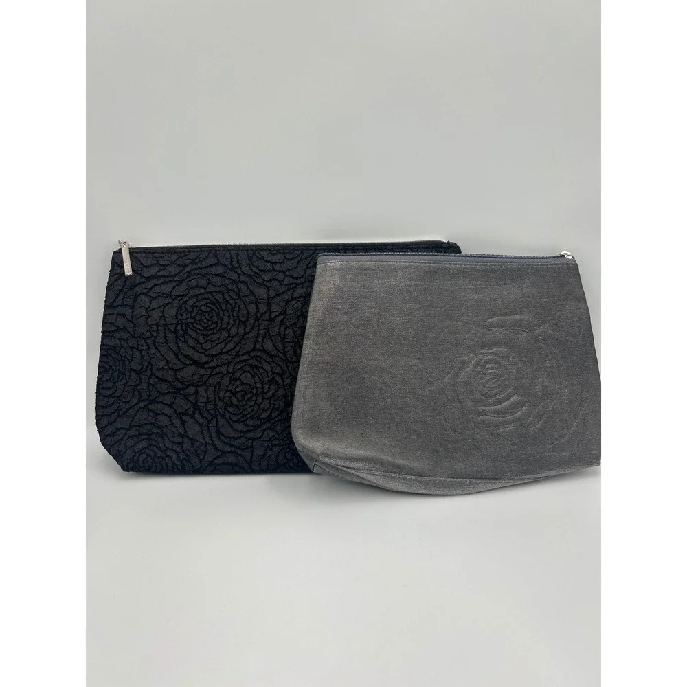 Lancome Cosmetic Bag Set 2pc Black Textured Rose & Grey Metallic Pewter Floral